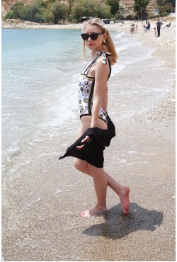 "BLACK-OCHRE FOLK" -  Ολόσωμο μαγιό με τιράντες φιόγκους