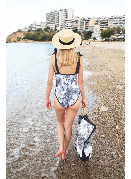 "BLACK JUNGLE TOILE DE JOUY" - Ολόσωμο μαγιό με τιράντες φιόγκους