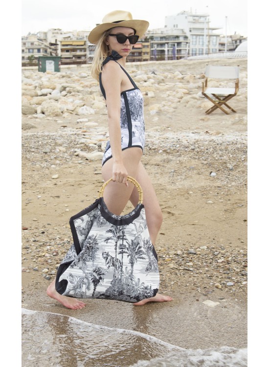 "BLACK JUNGLE TOILE DE JOUY" - Ολόσωμο μαγιό με τιράντες φιόγκους