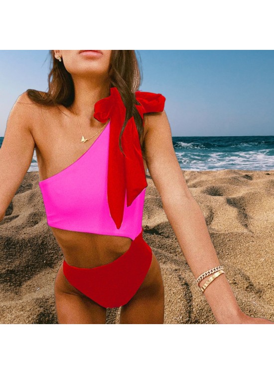 "Κόκκινο-Φούξια" - Δίχρωμο Ολόσωμο μαγιό με έναν ώμο